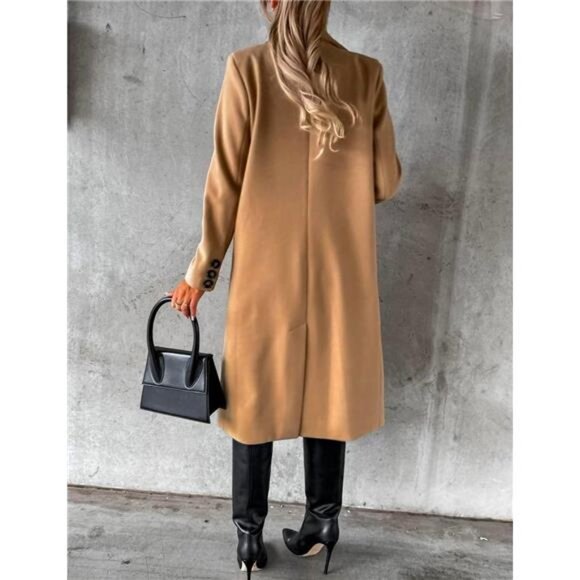 Womens Long Wool Coat Double Breasted Trench Coat Khaki - Picture 4 of 4